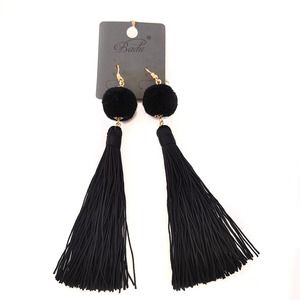 Black Fringe Pom-Pom Fashion Earrings